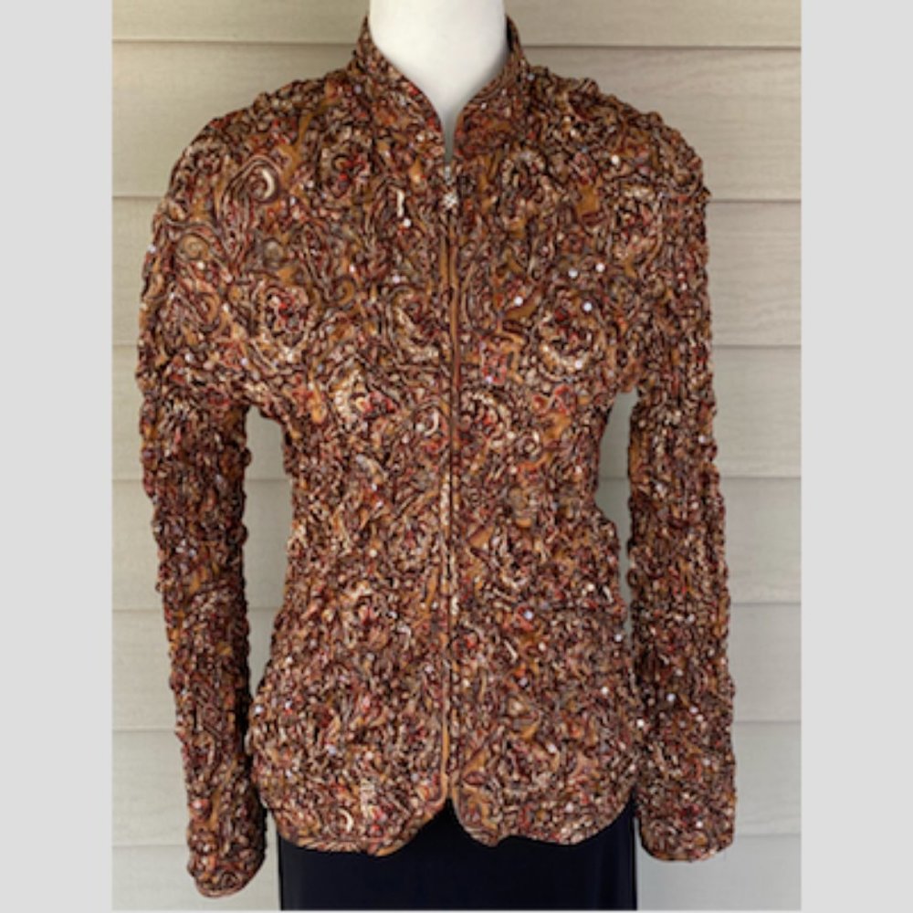 MSK Cardigan Blazer Jacket Ruched Sequin Paisley Brown Gold Size Medium